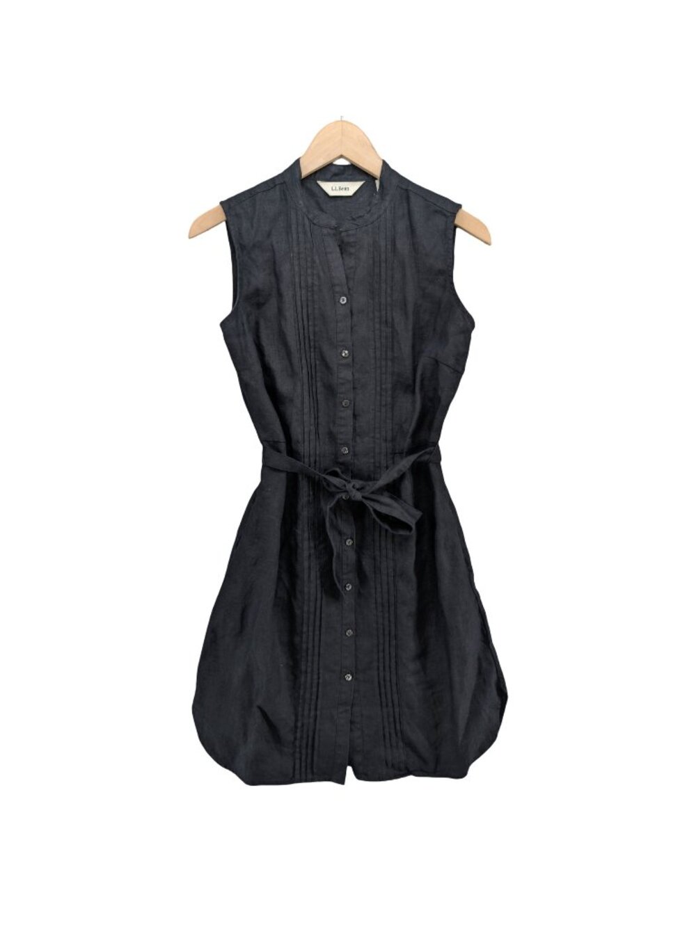 LL Bean Pintuck Linen Dress Black Belted Sleeveless Washable Pockets Size 4